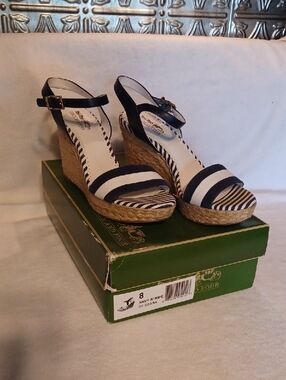 Coach and Four Navy and White Striped Wedge Sandals Size 8